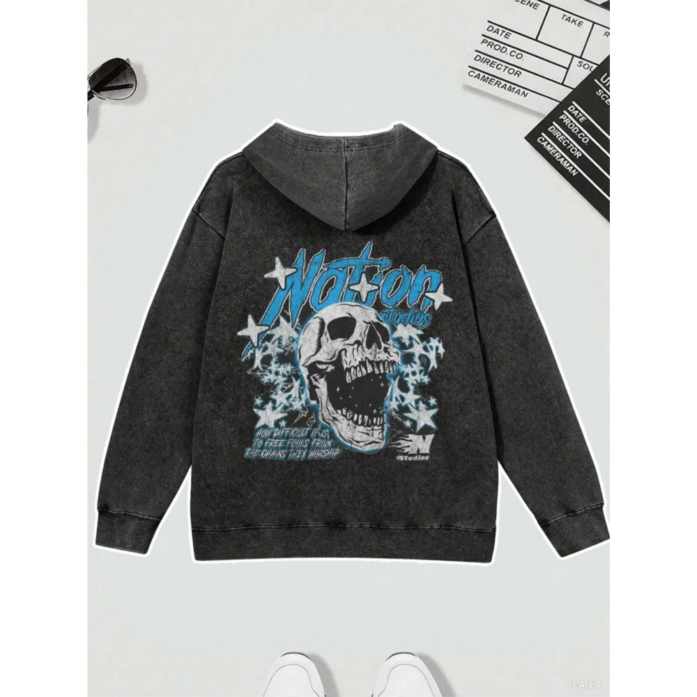Men's Heavyweight 400gsm Washable Cotton Hoodie - Y2K Gothic Streetwear Sweatshirt with Skull & Chains Print, Grey/Black Oversized Pocket Pullover, Machine Washable Long Sleeve Hooded Sweater for Spring/Fall Casual Wear