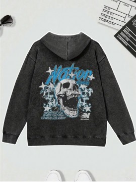 Men's Heavyweight 400gsm Washable Cotton Hoodie - Y2K Gothic Streetwear Sweatshirt with Skull & Chains Print, Grey/Black Oversized Pocket Pullover, Machine Washable Long Sleeve Hooded Sweater for Spring/Fall Casual Wear