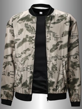 Men's Spring/Summer Baseball Collar Jacket, Lock Edge Lightweight Jacket, Knitted Polyester Braid Micro Elastic Feather Printed Jacket, Lightweight Fashion Casual Jacket, College Style Jacket