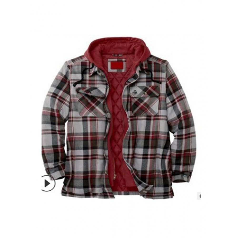 Men'S Heavyweight Thermal Insulated Hooded Jacket - Winter Coat with Full-Zip Closure, Relaxed Fit Plaid Outerwear, Full-Zip Front, & Warm Insulation for Cold Weather, Casual & Formal Outfits (Brown/Red/Tan) - Ideal for Everyday & Formal Events