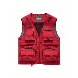Men'S Quick-Dry Fishing Vest with Mesh Fabric & Zippered Pockets - All-Season Loose Fit Life Jacket, Machine-Washable Solid Color Outdoor Marine Clothing, Zippered Pocket Design for Easy Access, Ideal for Fishing, Boating