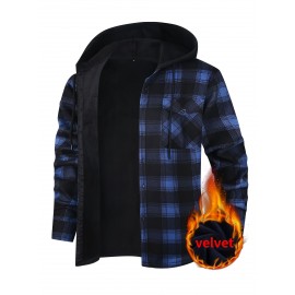 Trendy Men's Plaid Hooded Jacket - Thick Warm, Windproof & Cold-Resistant, Slim Fit, Vintage Style, Black & Red Geometric Pattern, Single-Breasted Button Front, Long Sleeve, Casual & Versatile for Winter Outings, Casual Winter Wear