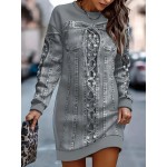 【imitation denim】[Denim Print/Imitation Denim] Women'S Plus Size Elegant Faux Denim Print Long Sleeve Dress - Light Purple with Floral Pattern, Round Neck, Medium Stretch, All-Over Print, Fall/Winter Casual to Semi-Formal Wear