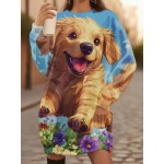 Plus Size Women'S 3D Printed Golden Retriever Puppy & Floral Sweatshirt - All-Over Print Cozy Winter Warm Pullover, Loose H-Line Fit Crew Neck Sweater with Cute Dog Lover Design, Machine Washable Casual Sweater for Fall/Winter Outfits