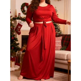Plus Size Maxi Dress with Cutout Waist & Tie Front - Elegant Long Sleeve Wrap Front Evening Gown, Fit and Flare -Line Dress Suitable for Weddings, Parties, Prom - Solid Color Dress with Crew Neck & Slight Stretch Fabric