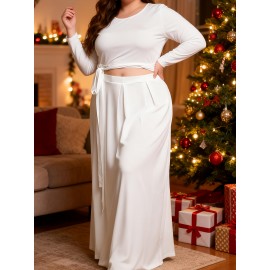 Plus Size Maxi Dress with Cutout Waist & Tie Front - Elegant Long Sleeve Wrap Front Evening Gown, Fit and Flare -Line Dress Suitable for Weddings, Parties, Prom - Solid Color Dress with Crew Neck & Slight Stretch Fabric