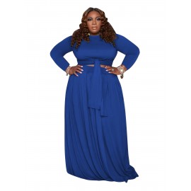 Plus Size Maxi Dress with Cutout Waist & Tie Front - Elegant Long Sleeve Wrap Front Evening Gown, Fit and Flare -Line Dress Suitable for Weddings, Parties, Prom - Solid Color Dress with Crew Neck & Slight Stretch Fabric