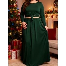 Plus Size Maxi Dress with Cutout Waist & Tie Front - Elegant Long Sleeve Wrap Front Evening Gown, Fit and Flare -Line Dress Suitable for Weddings, Parties, Prom - Solid Color Dress with Crew Neck & Slight Stretch Fabric