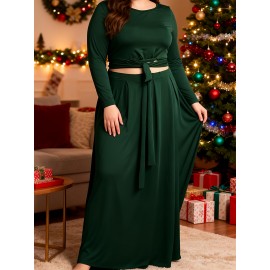 Plus Size Maxi Dress with Cutout Waist & Tie Front - Elegant Long Sleeve Wrap Front Evening Gown, Fit and Flare -Line Dress Suitable for Weddings, Parties, Prom - Solid Color Dress with Crew Neck & Slight Stretch Fabric
