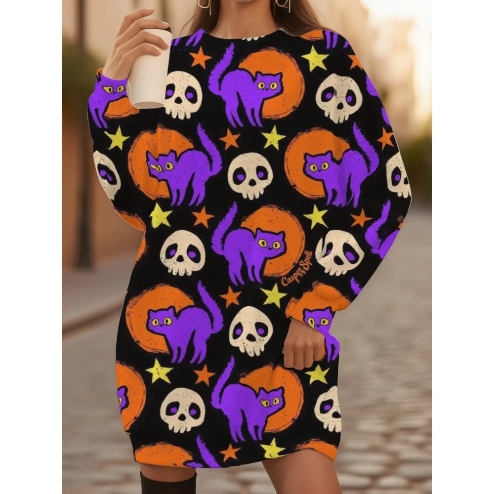 Plus Size Women's Oversized Long Sleeve Sweatshirt - 3D All-Over Print Black & Purple Cat & Skull Costume Design (Pink Paws/White Eyes) - Cozy Winter Warm Pullover for Halloween Party Outfit, Casual Fall Sweater
