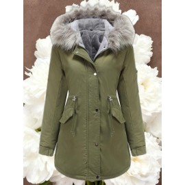 Women'S Solid Color Mid Length Hooded Winter Warm Plus Fleece Coat | Plus Size XL-5XL Windbreakers for Female, Casual Style with Zipper Front, Long Sleeve, Hooded, Non-Stretch Fabric for Outdoor Travel, Commuting, Everyday Jackets, Parka, Cardigan