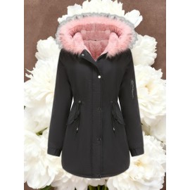 Women'S Solid Color Mid Length Hooded Winter Warm Plus Fleece Coat | Plus Size XL-5XL Windbreakers for Female, Casual Style with Zipper Front, Long Sleeve, Hooded, Non-Stretch Fabric for Outdoor Travel, Commuting, Everyday Jackets, Parka, Cardigan