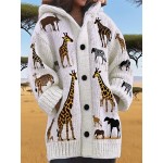Women's Oversized Long Hooded Sweater with African Wildlife Print (Giraffe//Wildebeest) - Button-Front Hood, Warm Winter Coat for Christmas, Halloween Costumes & Safari Parties - Machine Washable Loose Fit Jacket
