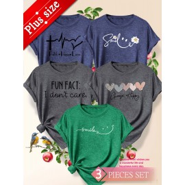 5pcs Plus Size Women's Short Sleeve T-Shirts - Funny & Cute Heart & Joyful Face Print Blouses, Casual Crew Neck Breathable Tops for Spring Summer Casual Attire, Office & Vacation Outfits - 1XL-5XL (5-Shirt) Year-Round Casual