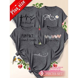5pcs Plus Size Women's Short Sleeve T-Shirts - Funny & Cute Heart & Joyful Face Print Blouses, Casual Crew Neck Breathable Tops for Spring Summer Casual Attire, Office & Vacation Outfits - 1XL-5XL (5-Shirt) Year-Round Casual