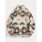 Men's -Lined Abstract Ethnic Print Stand Collar Sweatshirt Jacket - Soft Fabric, Relaxed Drop Shoulder Sleeves, Versatile Kangaroo Pocket Design, Warm Autumn/Winter Top | Street Style Trend | Comfortable Casual Autumn/Winter Fashion Versatile