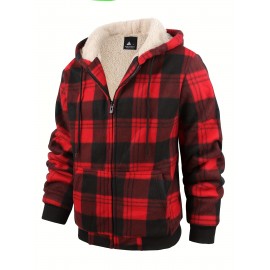 Trendy Hooded Plaid Jacket for Men, Perfect for Autumn And Winter, Made with Fleece And Durable Fabric