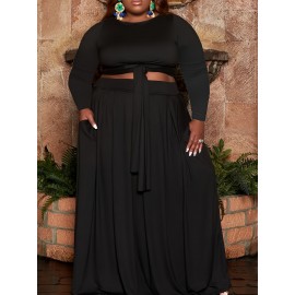 Plus Size Maxi Dress with Cutout Waist & Tie Front - Elegant Long Sleeve Wrap Front Evening Gown, Fit and Flare -Line Dress Suitable for Weddings, Parties, Prom - Solid Color Dress with Crew Neck & Slight Stretch Fabric